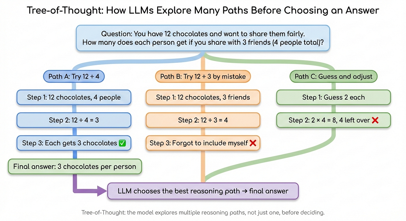 Tree-of-thought example showing multiple reasoning paths explored before an answer is selected.